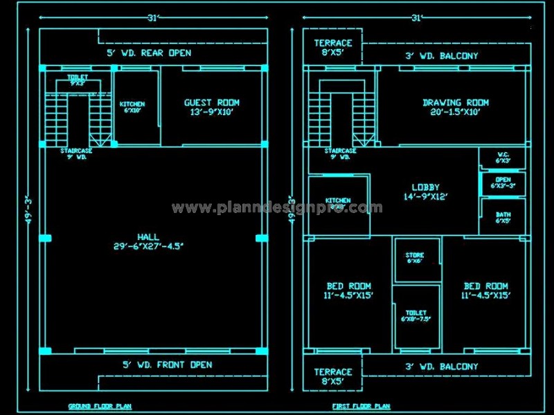 30'x50' House Design Free CAD- G+1 Layout and Floor Plan